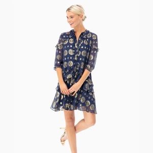 Saloni Navy/Gold Ruffle Dress
